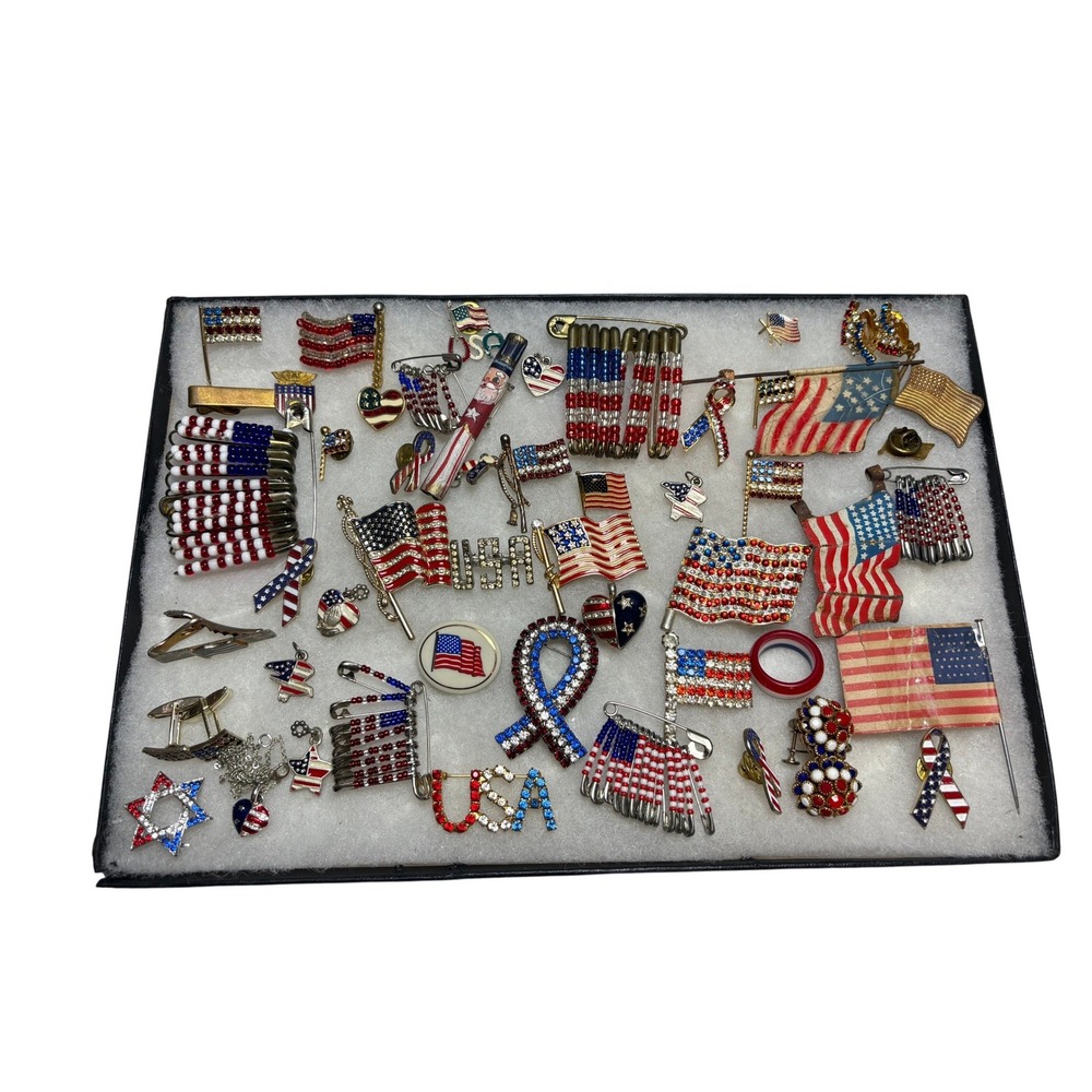 Vintage 40+ pc Patriotic USA Flag Rhinestone Jewelry Pin Brooch Charms cufflinks
